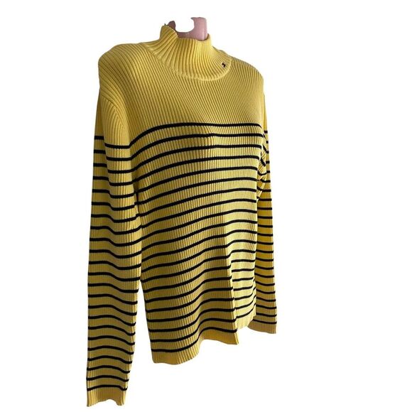 Tommy Hilfiger Sweater Womens Large Yellow Black Striped Ribbed Pullover Cotton - Picture 2 of 8